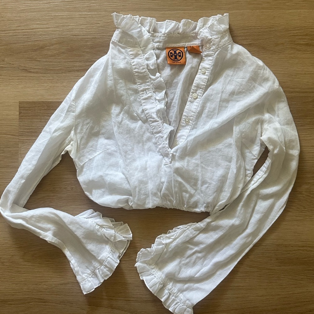 White Tory Burch ruffle blouse with long sleeve